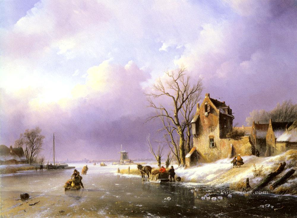 Winter landscape With Figures On A Frozen River Jan Jacob Coenraad Spohler Oil Paintings